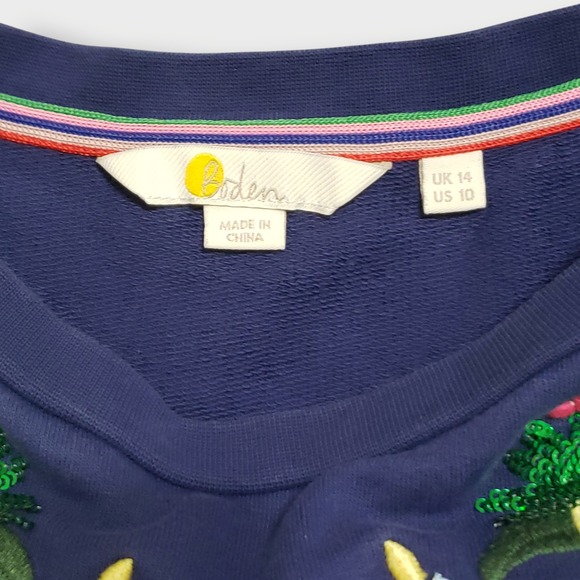 Boden Ramona Blue Toucan Embroidered Sequin Sweatshirt Dress Puff Sleeve US 10 - Picture 5 of 11